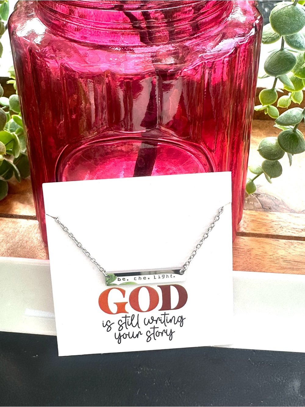 Sterling Bar Necklace with Inspiring 'be. the. light.' Message - Pink Display